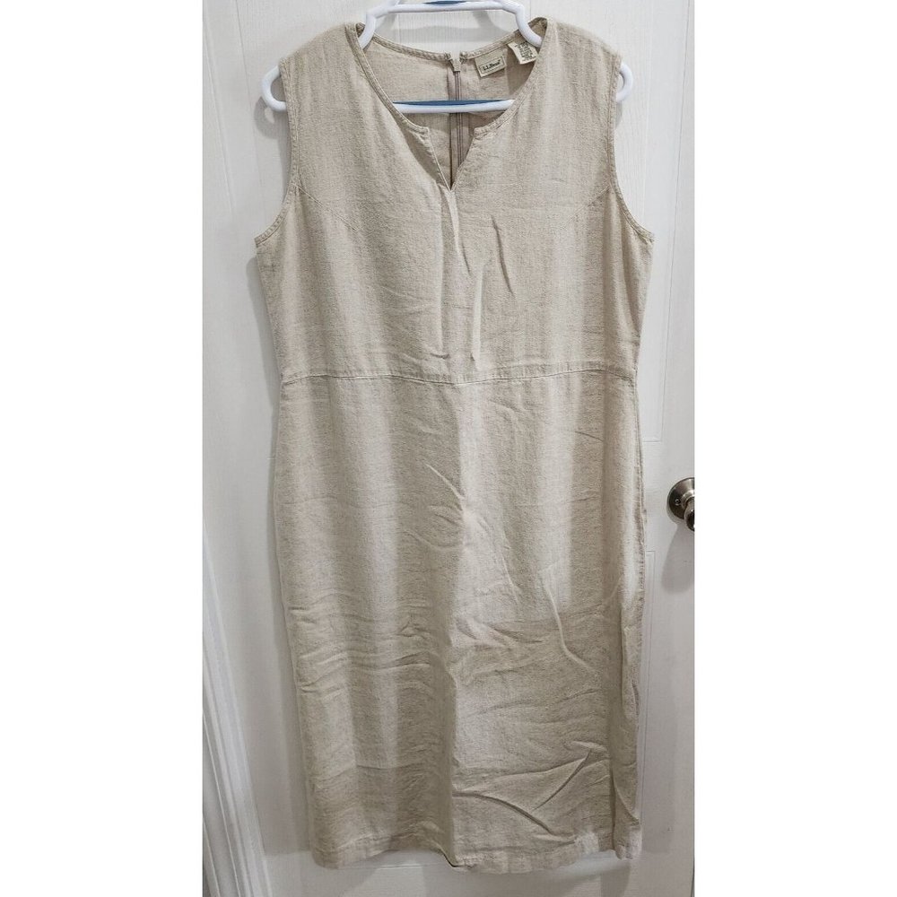 LL BEAN‎ Women's Sleeveless V Neck Midi Dress Linen Blend Beige Minimalist Sz 18